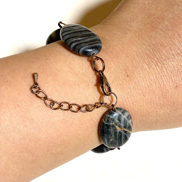 2/$20, Dark Banded Agate Boho Bracelet, Large Genuine Gemstone + Copper Links - Picture 9 of 12